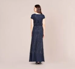 Adrianna Papell Short Sleeve Beaded Blouson Gown In Navy -Allure Attire 19191610 AC410 Regular Back