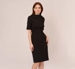 Adrianna Papell Short Sleeve Crepe Dress With Rolled Neck In Black