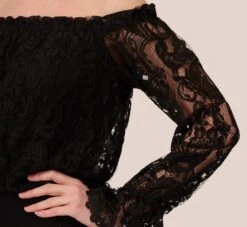 Adrianna Papell Black Off The Shoulder Crepe Jumpsuit With Lace Bodice In Black -Allure Attire AP1D102882 AA002 Regular Lifestyle