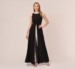 Adrianna Papell Colorblock Jumpsuit With Skirt Overlay In Black Ivory
