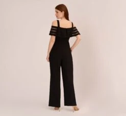 Adrianna Papell Jersey Banded Ruffled Jumpsuit With Cold Shoulder In Black -Allure Attire AP1D102998 AA002 Regular Back