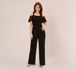 Adrianna Papell Jersey Banded Ruffled Jumpsuit With Cold Shoulder In Black