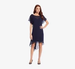 Adrianna Papell Flutter Sleeve Chiffon Dress With High Low Hemline In Navy