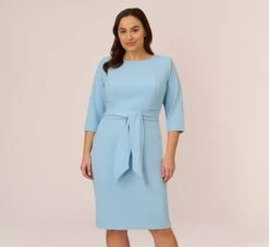 Front Page 7 Adrianna Papell Plus Size Knit Crepe Bow Sheath Dress With Three Quarter Sleeves In Blue Mist
