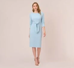 Adrianna Papell Knit Crepe Bow Sheath Dress With Three Quarter Sleeves In Blue Mist