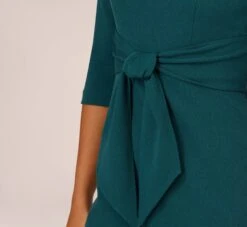 Adrianna Papell Knit Crepe Bow Sheath Dress With Three Quarter Sleeves In Hunter -Allure Attire AP1D103175 AE303 Regular Detail