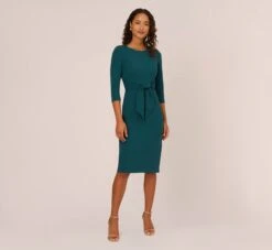 Adrianna Papell Knit Crepe Bow Sheath Dress With Three Quarter Sleeves In Hunter -Allure Attire AP1D103175 AE303 Regular Front