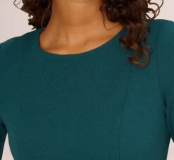 Adrianna Papell Knit Crepe Bow Sheath Dress With Three Quarter Sleeves In Hunter -Allure Attire AP1D103175 AE303 Regular Lifestyle