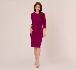 Adrianna Papell Knit Crepe Bow Sheath Dress With Three Quarter Sleeves In Wildberry -Allure Attire AP1D103175 AJ651 Regular Front