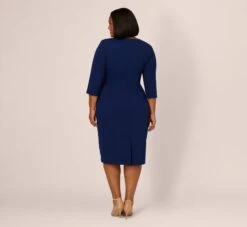 Adrianna Papell Plus Size Knit Crepe Bow Sheath Dress With Three Quarter Sleeves In Navy Sateen -Allure Attire AP1D103175 AK412 Plus Back