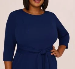 Adrianna Papell Plus Size Knit Crepe Bow Sheath Dress With Three Quarter Sleeves In Navy Sateen -Allure Attire AP1D103175 AK412 Plus Detail