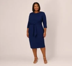 Adrianna Papell Plus Size Knit Crepe Bow Sheath Dress With Three Quarter Sleeves In Navy Sateen -Allure Attire AP1D103175 AK412 Plus Front