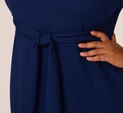 Adrianna Papell Plus Size Knit Crepe Bow Sheath Dress With Three Quarter Sleeves In Navy Sateen -Allure Attire AP1D103175 AK412 Plus Lifestyle