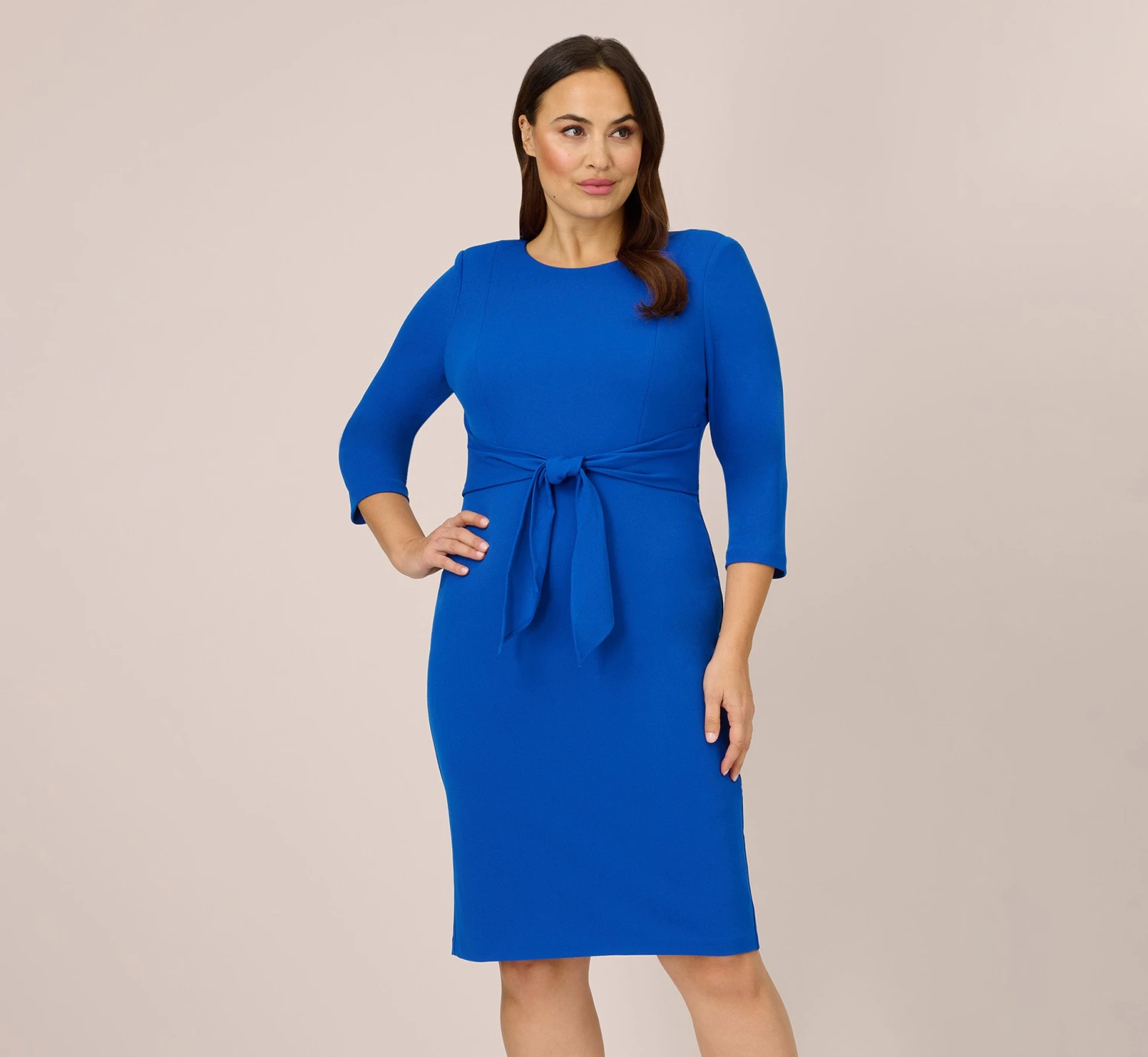 Adrianna Papell Plus Size Knit Crepe Bow Sheath Dress With Three Quarter Sleeves In Violet Cobalt 1 Adrianna Papell Plus Size Knit Crepe Bow Sheath Dress With Three Quarter Sleeves In Violet Cobalt