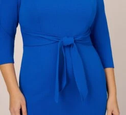 Adrianna Papell Plus Size Knit Crepe Bow Sheath Dress With Three Quarter Sleeves In Violet Cobalt 7 Adrianna Papell Plus Size Knit Crepe Bow Sheath Dress With Three Quarter Sleeves In Violet Cobalt -Allure Attire AP1D103175 BA401 Plus Detail