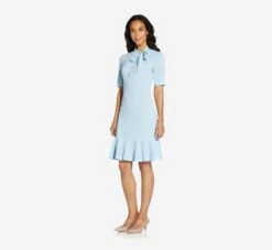 Adrianna Papell Mock Neck Dress With Contrasting Bowtie In Blue Mist -Allure Attire AP1D103529 AB484 Regular Alternate