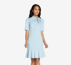 Adrianna Papell Mock Neck Dress With Contrasting Bowtie In Blue Mist