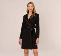 Adrianna Papell Long Sleeve Crepe Dress With Tuxedo Collar In Black