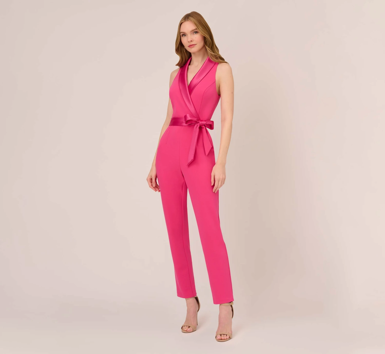 Adrianna Papell Sleeveless Crepe Jumpsuit With Tuxedo Collar In Cabaret Pink 1 Adrianna Papell Sleeveless Crepe Jumpsuit With Tuxedo Collar In Cabaret Pink