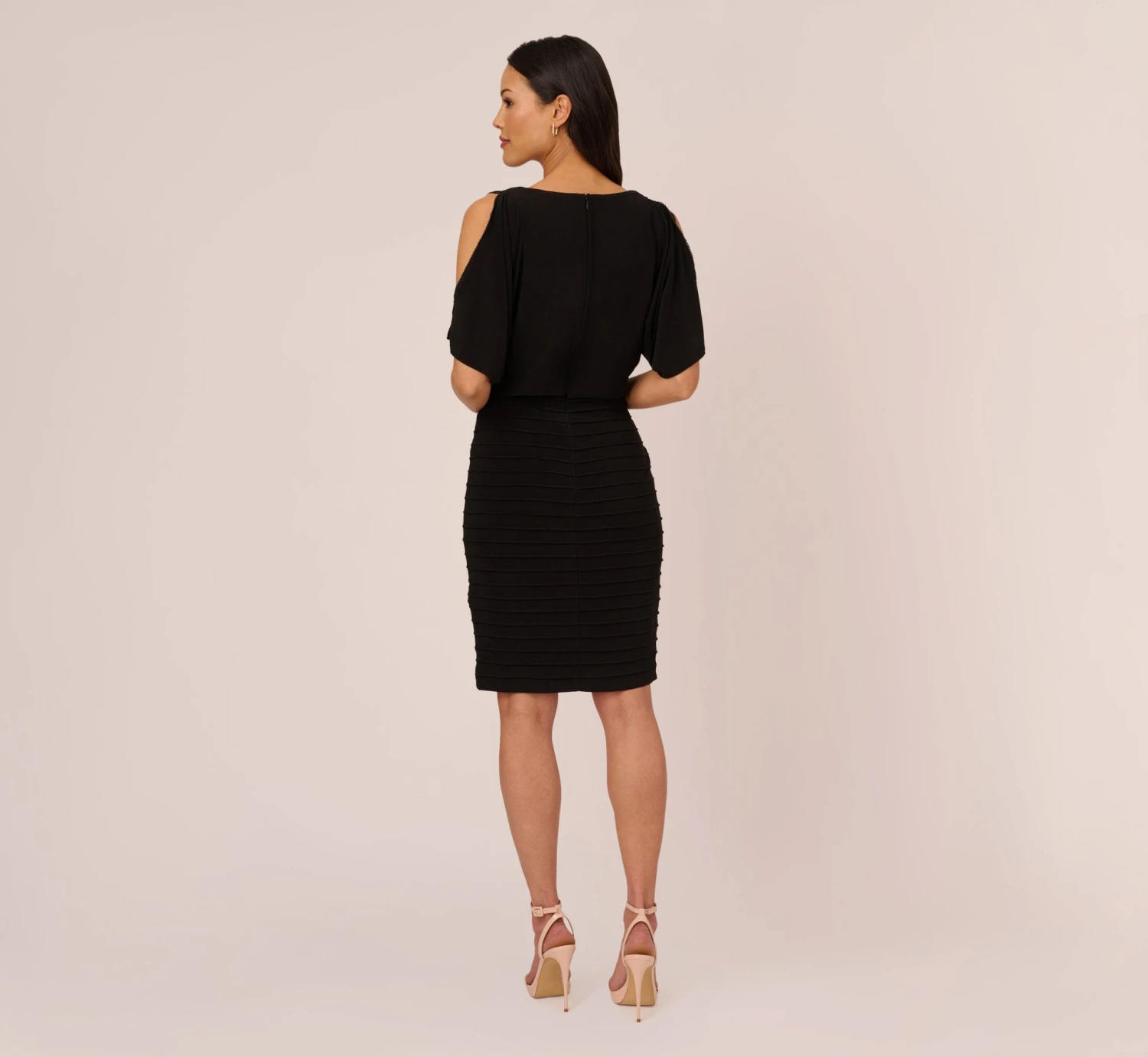 Adrianna Papell Blouson Pintucked Dress With Cold Shoulder Sleeves In Black 3 Adrianna Papell Blouson Pintucked Dress With Cold Shoulder Sleeves In Black - Image 3
