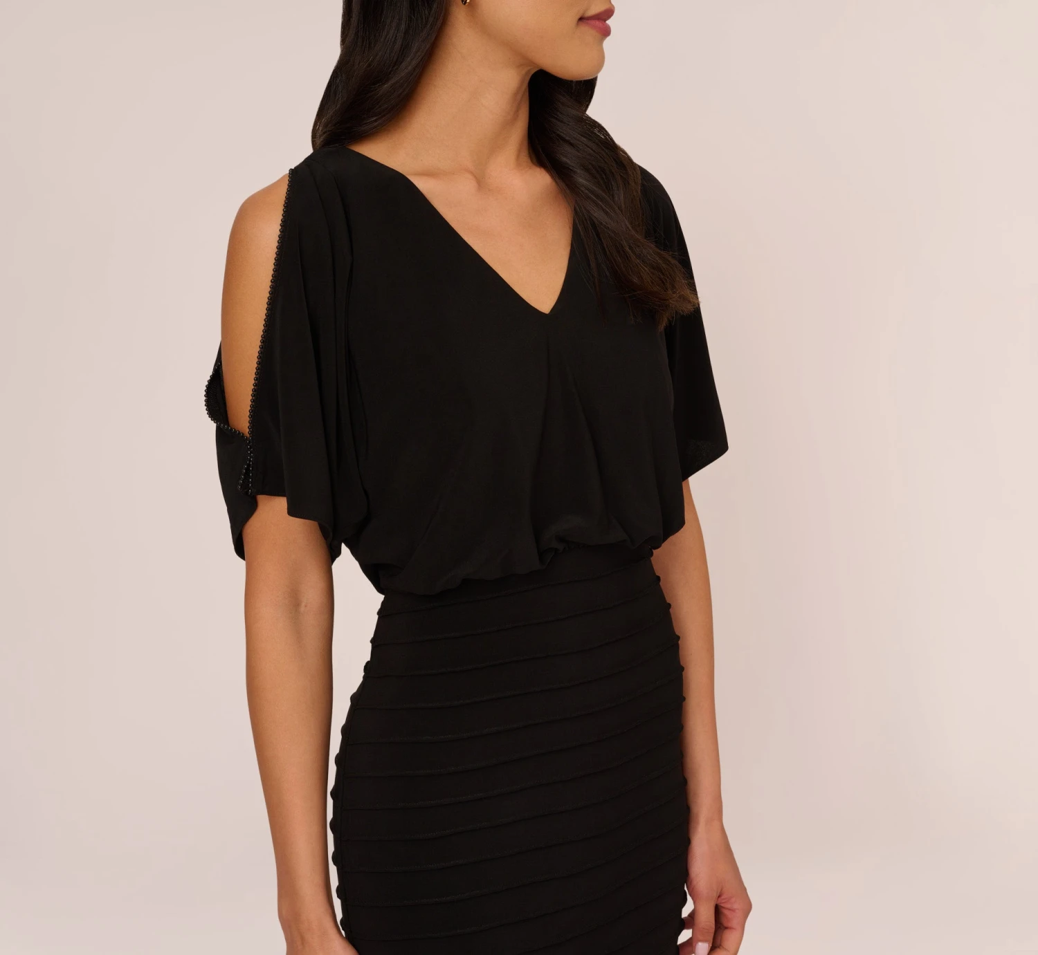 Adrianna Papell Blouson Pintucked Dress With Cold Shoulder Sleeves In Black 4 Adrianna Papell Blouson Pintucked Dress With Cold Shoulder Sleeves In Black - Image 4