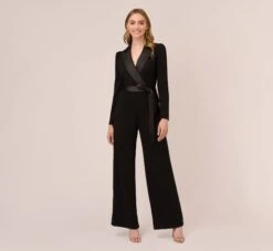 Adrianna Papell Knit Crepe Tuxedo Jumpsuit In Black