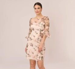 Adrianna Papell Floral Embroidered Bell Sleeve Sheath Dress In Blush Multi