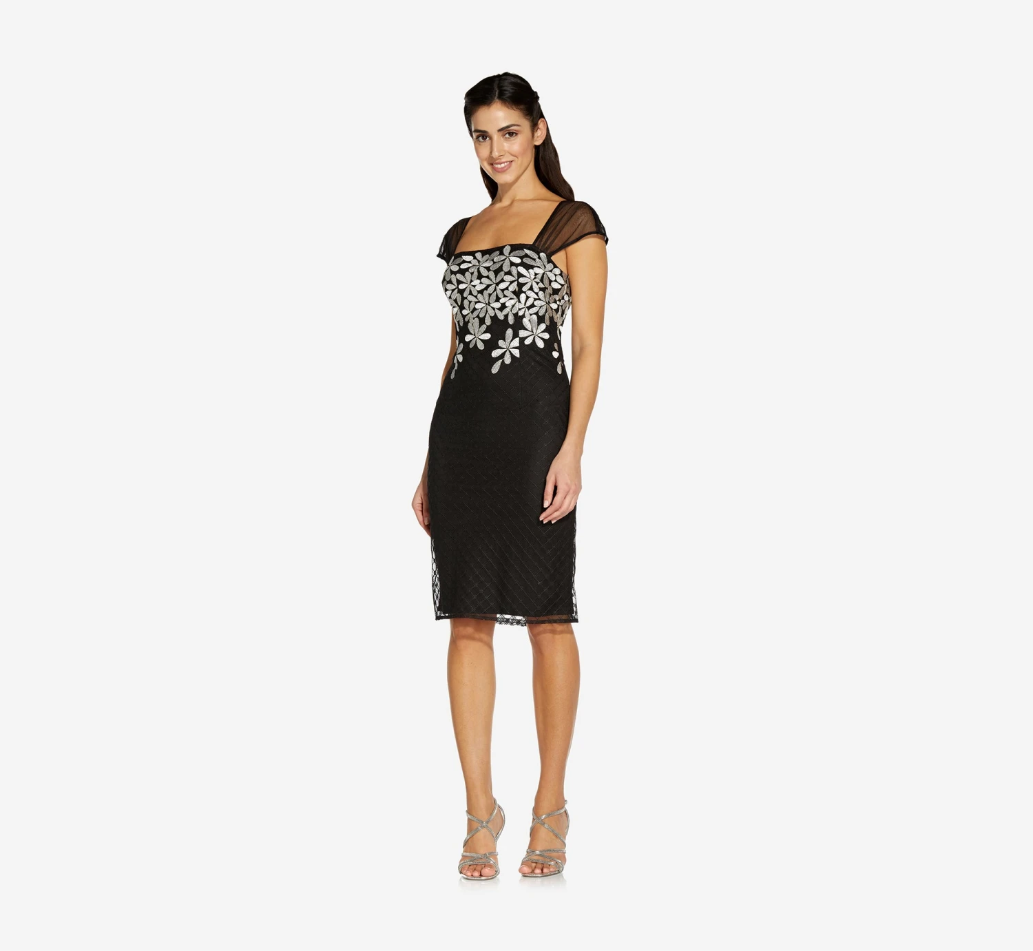 Adrianna Papell Floral Lattice Embroidered Short Sheath Dress In Black Ivory 2 Adrianna Papell Floral Lattice Embroidered Short Sheath Dress In Black Ivory - Image 2