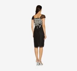 Adrianna Papell Floral Lattice Embroidered Short Sheath Dress In Black Ivory 6 Adrianna Papell Floral Lattice Embroidered Short Sheath Dress In Black Ivory -Allure Attire AP1D104398 AA019 Regular Back