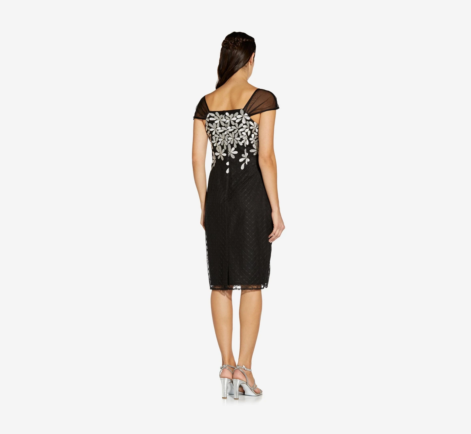Adrianna Papell Floral Lattice Embroidered Short Sheath Dress In Black Ivory 3 Adrianna Papell Floral Lattice Embroidered Short Sheath Dress In Black Ivory - Image 3