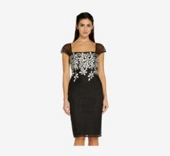 Front Page 11 Adrianna Papell Floral Lattice Embroidered Short Sheath Dress In Black Ivory