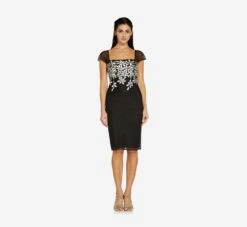 Adrianna Papell Floral Lattice Embroidered Short Sheath Dress In Black Ivory 7 Adrianna Papell Floral Lattice Embroidered Short Sheath Dress In Black Ivory -Allure Attire AP1D104398 AA019 Regular Side
