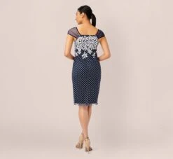 Adrianna Papell Floral Lattice Embroidered Short Sheath Dress In Navy Ivory -Allure Attire AP1D104398 BH980 Regular Back