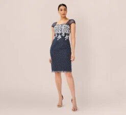 Adrianna Papell Floral Lattice Embroidered Short Sheath Dress In Navy Ivory -Allure Attire AP1D104398 BH980 Regular Side