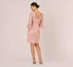 Adrianna Papell Bell Sleeve Rose Embroidered Sheath Dress In Dusty Rose -Allure Attire AP1D104437 AA543 Regular Back