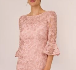 Adrianna Papell Bell Sleeve Rose Embroidered Sheath Dress In Dusty Rose -Allure Attire AP1D104437 AA543 Regular Detail