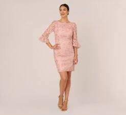 Adrianna Papell Bell Sleeve Rose Embroidered Sheath Dress In Dusty Rose -Allure Attire AP1D104437 AA543 Regular Front