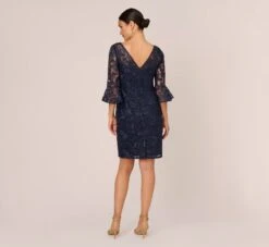 Adrianna Papell Bell Sleeve Rose Embroidered Sheath Dress In Midnight 11 Adrianna Papell Bell Sleeve Rose Embroidered Sheath Dress In Midnight -Allure Attire AP1D104437 AB411 Regular Back