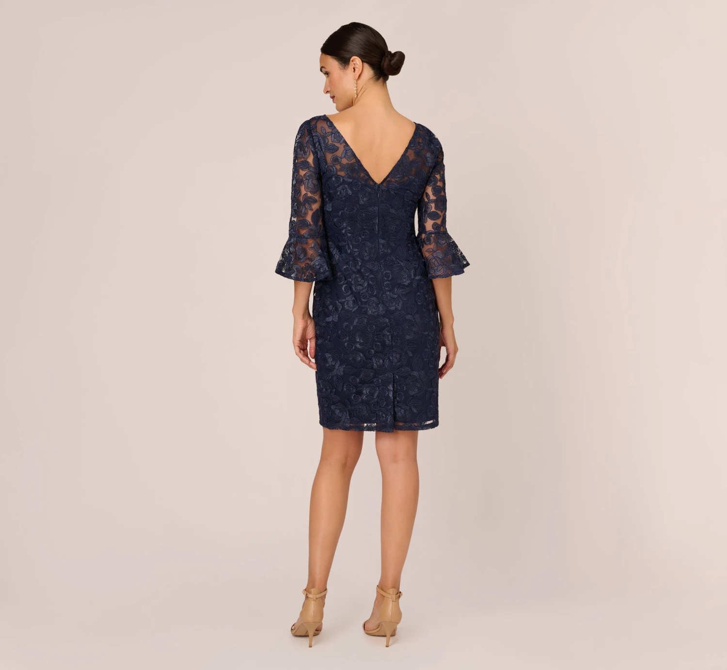 Adrianna Papell Bell Sleeve Rose Embroidered Sheath Dress In Midnight 5 Adrianna Papell Bell Sleeve Rose Embroidered Sheath Dress In Midnight - Image 5