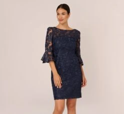 Adrianna Papell Bell Sleeve Rose Embroidered Sheath Dress In Midnight