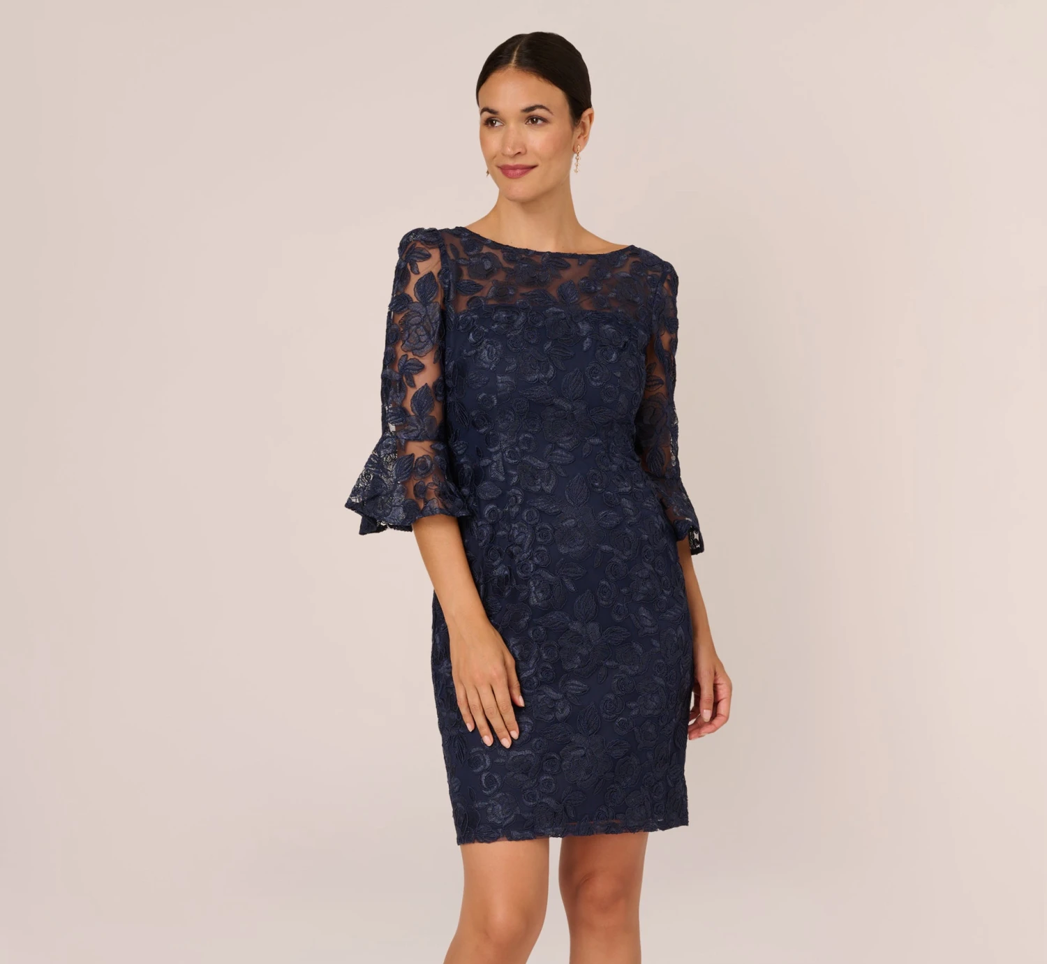 Adrianna Papell Bell Sleeve Rose Embroidered Sheath Dress In Midnight 1 Adrianna Papell Bell Sleeve Rose Embroidered Sheath Dress In Midnight
