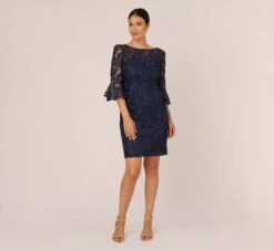 Adrianna Papell Bell Sleeve Rose Embroidered Sheath Dress In Midnight 12 Adrianna Papell Bell Sleeve Rose Embroidered Sheath Dress In Midnight -Allure Attire AP1D104437 AB411 Regular Front