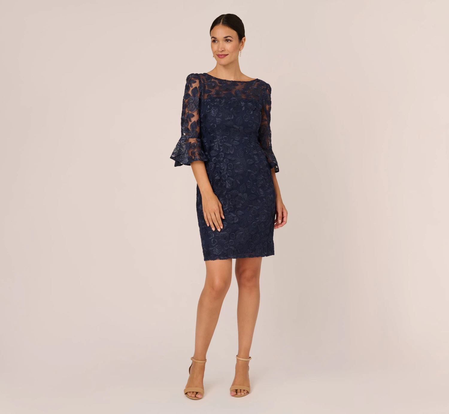 Adrianna Papell Bell Sleeve Rose Embroidered Sheath Dress In Midnight 6 Adrianna Papell Bell Sleeve Rose Embroidered Sheath Dress In Midnight - Image 6
