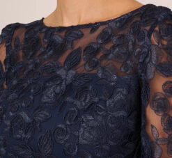Adrianna Papell Bell Sleeve Rose Embroidered Sheath Dress In Midnight 10 Adrianna Papell Bell Sleeve Rose Embroidered Sheath Dress In Midnight -Allure Attire AP1D104437 AB411 Regular Lifestyle