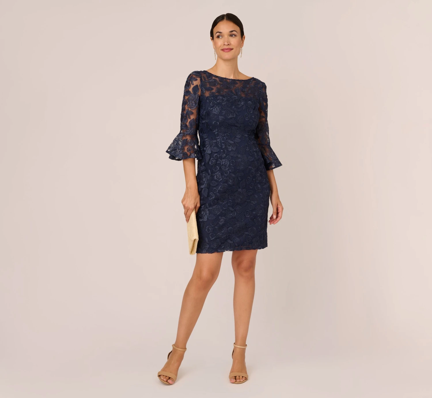 Adrianna Papell Bell Sleeve Rose Embroidered Sheath Dress In Midnight 2 Adrianna Papell Bell Sleeve Rose Embroidered Sheath Dress In Midnight - Image 2