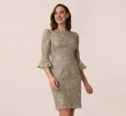 Adrianna Papell Bell Sleeve Rose Embroidered Sheath Dress In Marble