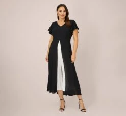 Adrianna Papell Plus Size Crepe Cropped Jumpsuit With Gauze Overlay In Black Ivory