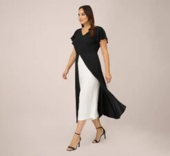 Adrianna Papell Plus Size Crepe Cropped Jumpsuit With Gauze Overlay In Black Ivory -Allure Attire AP1D104439 AA019 Plus Side