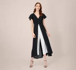 Adrianna Papell Crepe Cropped Jumpsuit With Gauze Overlay In Black Ivory