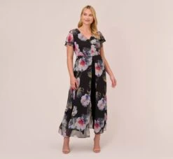 Adrianna Papell Plus Size Floral Printed Jumpsuit In Black Multi
